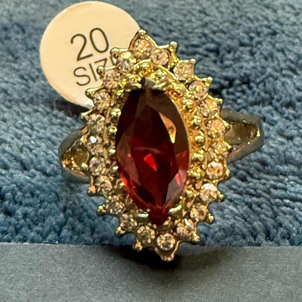 Elegant Red Gemstone Accent Ring with Crystal Accents